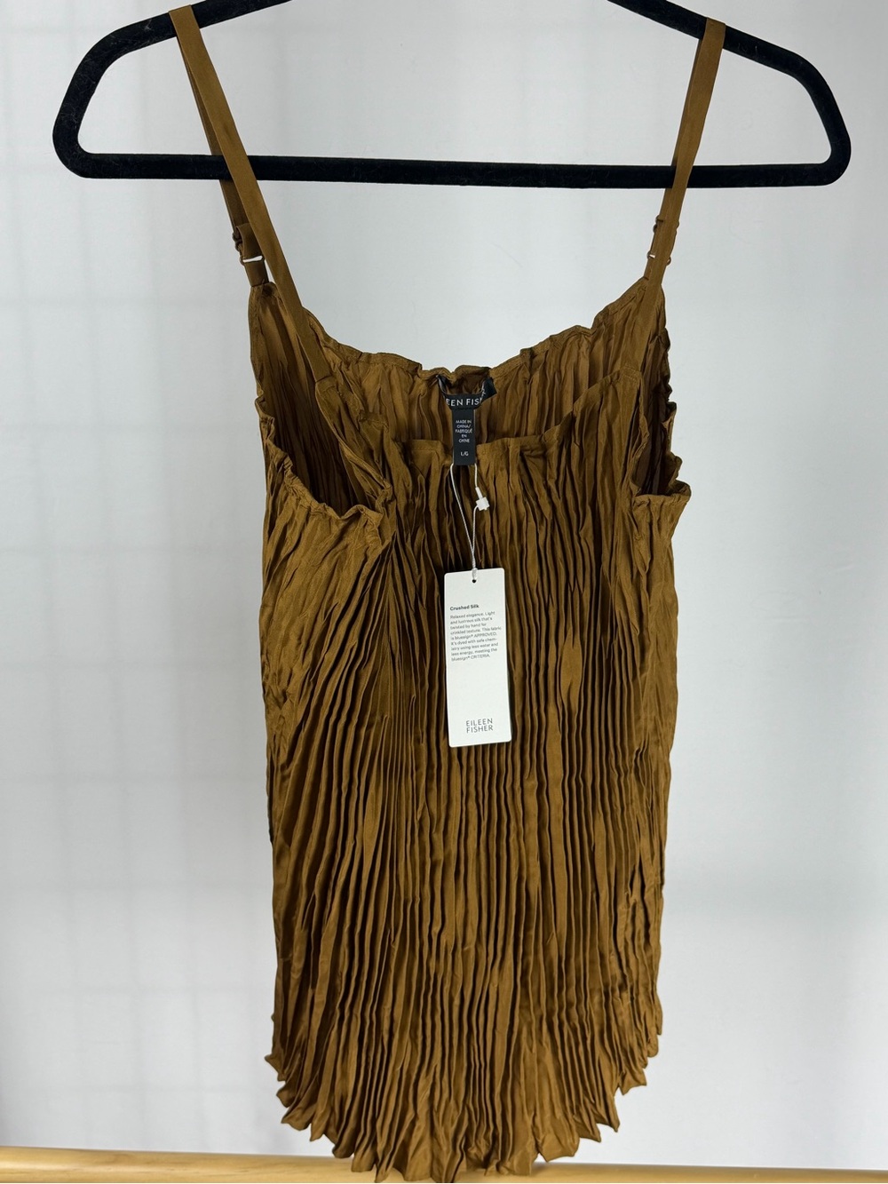Eileen Fisher NWT Crushed Silk Tank Top L Bronze Brown Pleated Adjustable Strap